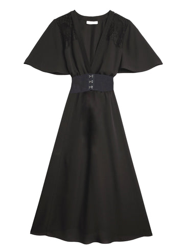 Black - V-Neck Gathered Dress | Fleur du Mal - DEMO