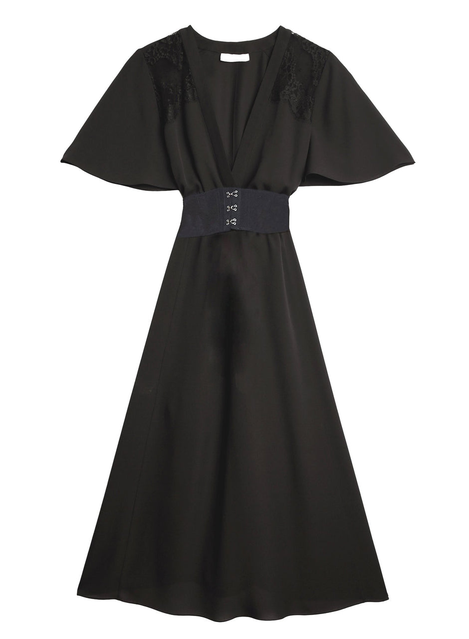 Black - V-Neck Gathered Dress | Fleur du Mal - DEMO