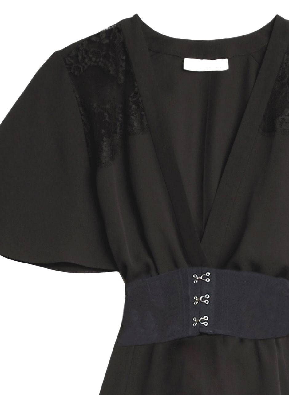 Black - V-Neck Gathered Dress | Fleur du Mal - DEMO