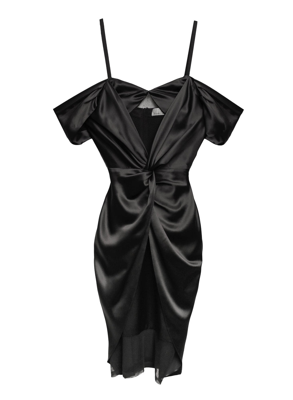 Black - Silk &amp; Mesh Draped Dress | Fleur du Mal - DEMO