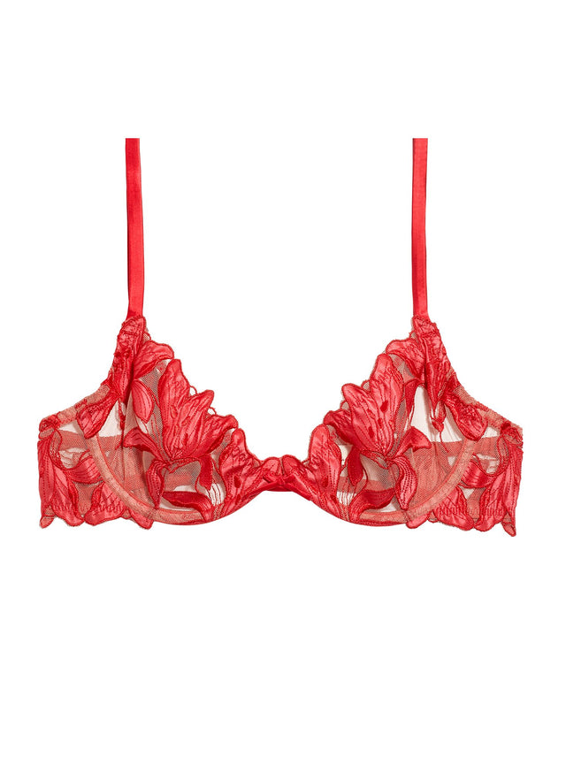 Red poppy - Lily Embroidery Plunge Demi Bra | Fleur du Mal - DEMO