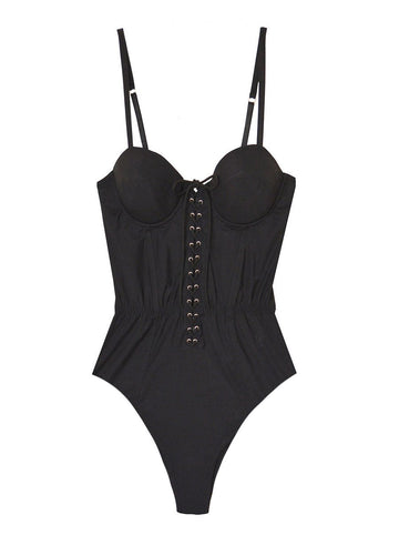 Black - High Leg Lacing Bullet One Piece | Fleur du Mal - DEMO