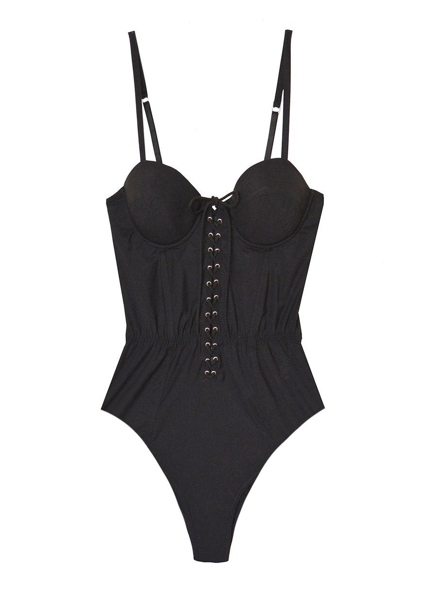 Black - High Leg Lacing Bullet One Piece | Fleur du Mal - DEMO