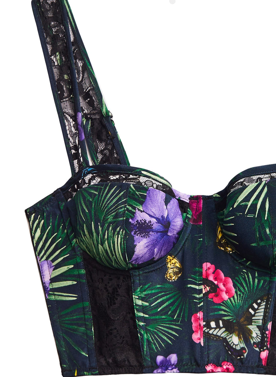 Black tropical print - Lace Insert Bustier | Fleur du Mal - DEMO