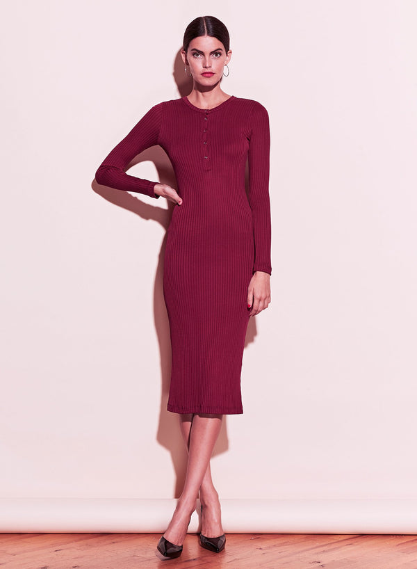 Bordeaux - Ribbed Knit Long Sleeve Henley Dress | Fleur du Mal - DEMO