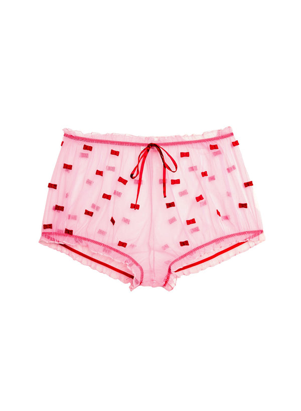 Bisou/rouge - Bow Embroidery Ruched Shorts | Fleur du Mal - DEMO