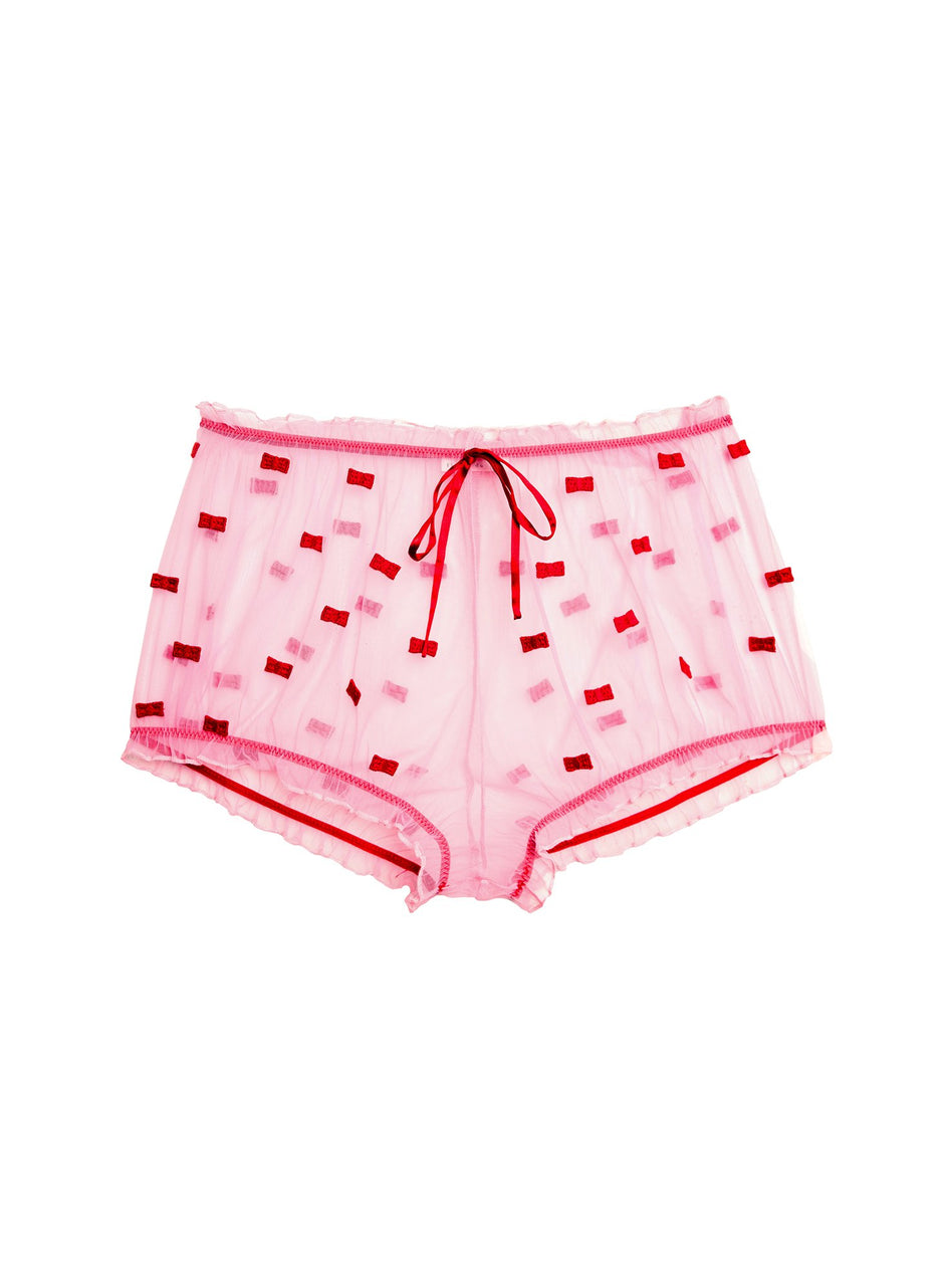 Bisou/rouge - Bow Embroidery Ruched Shorts | Fleur du Mal - DEMO