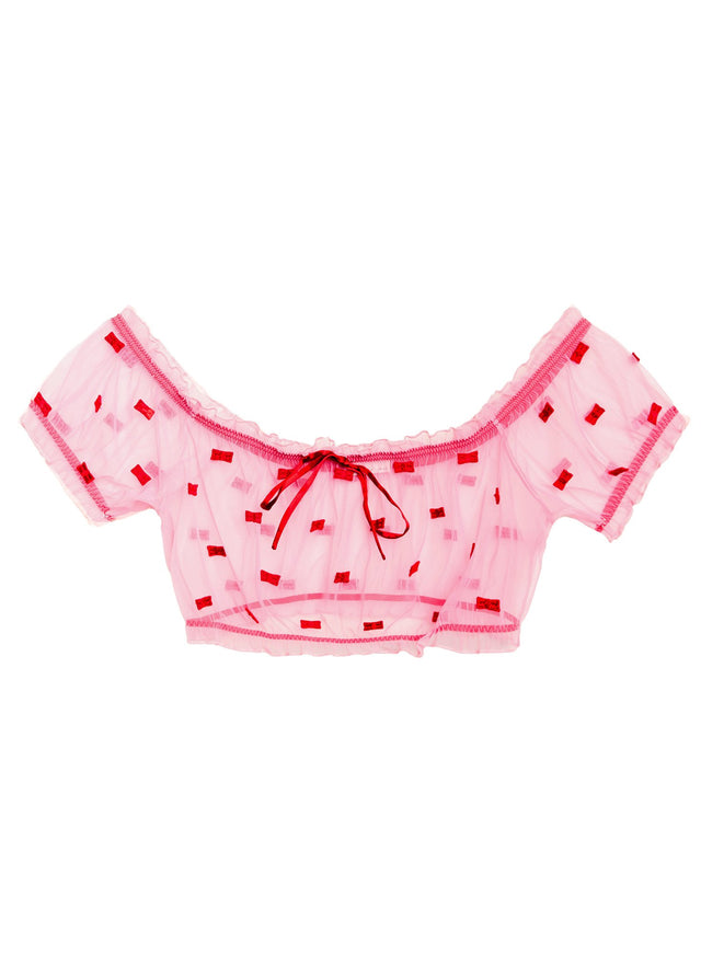 Bisou/rouge - Bow Embroidery Ruched Top | Fleur du Mal - DEMO