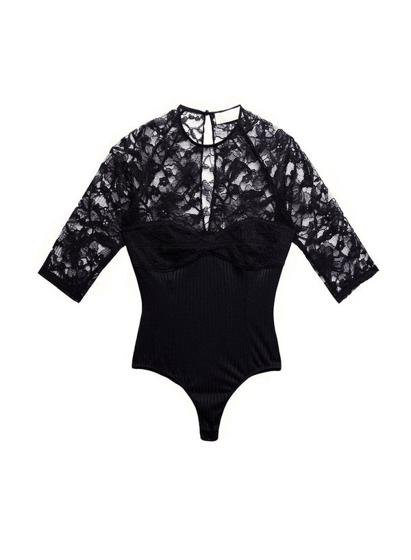 Black - Magnolia Lace Combo Bodysuit | Fleur du Mal - DEMO