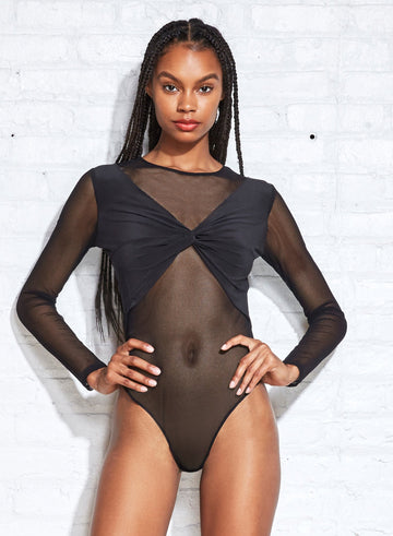 Black - Silk & Mesh Twist Front Bodysuit | Fleur du Mal - DEMO