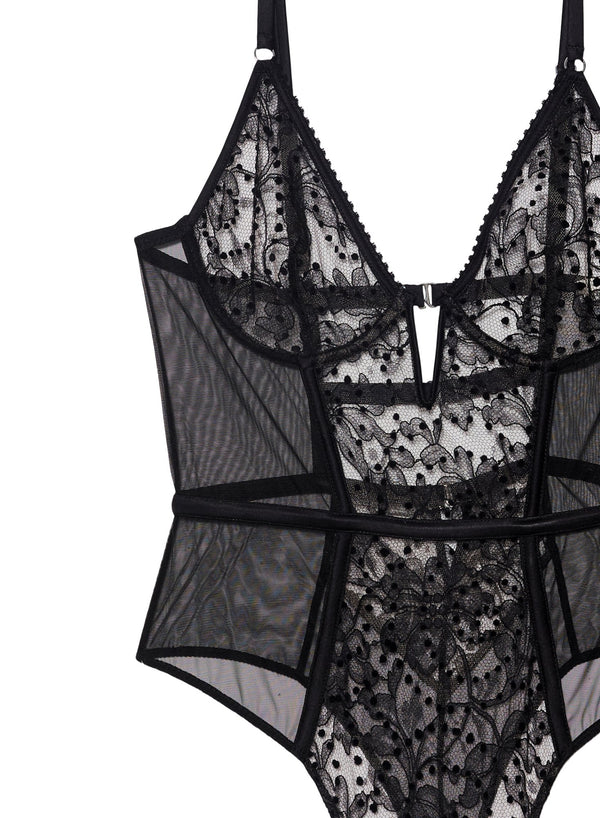 Black - Flocked Lace Bodysuit | Fleur du Mal - DEMO