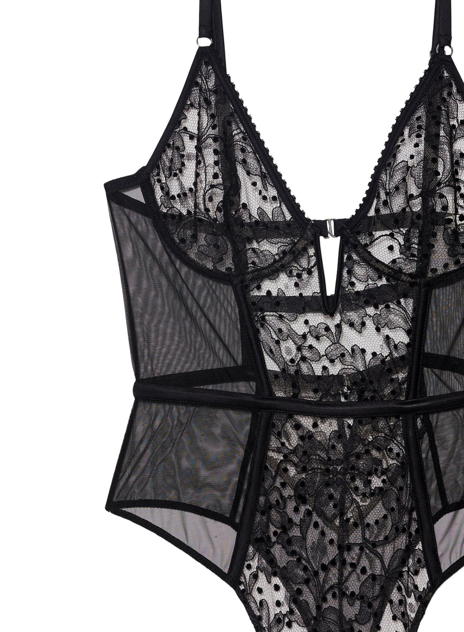 Black - Flocked Lace Bodysuit | Fleur du Mal - DEMO