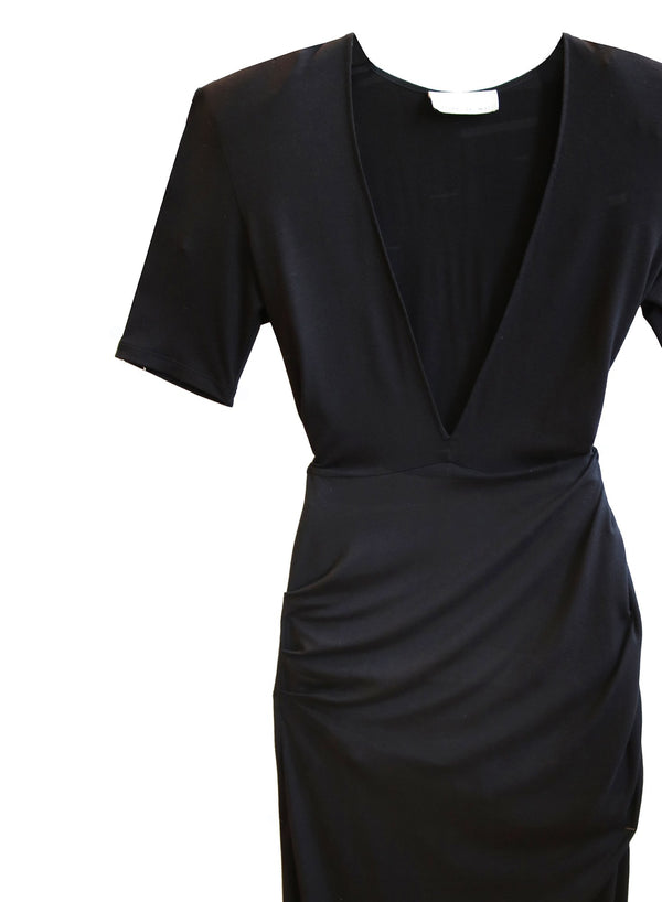 Black - Deep V Jersey Draped Dress | Fleur du Mal - DEMO