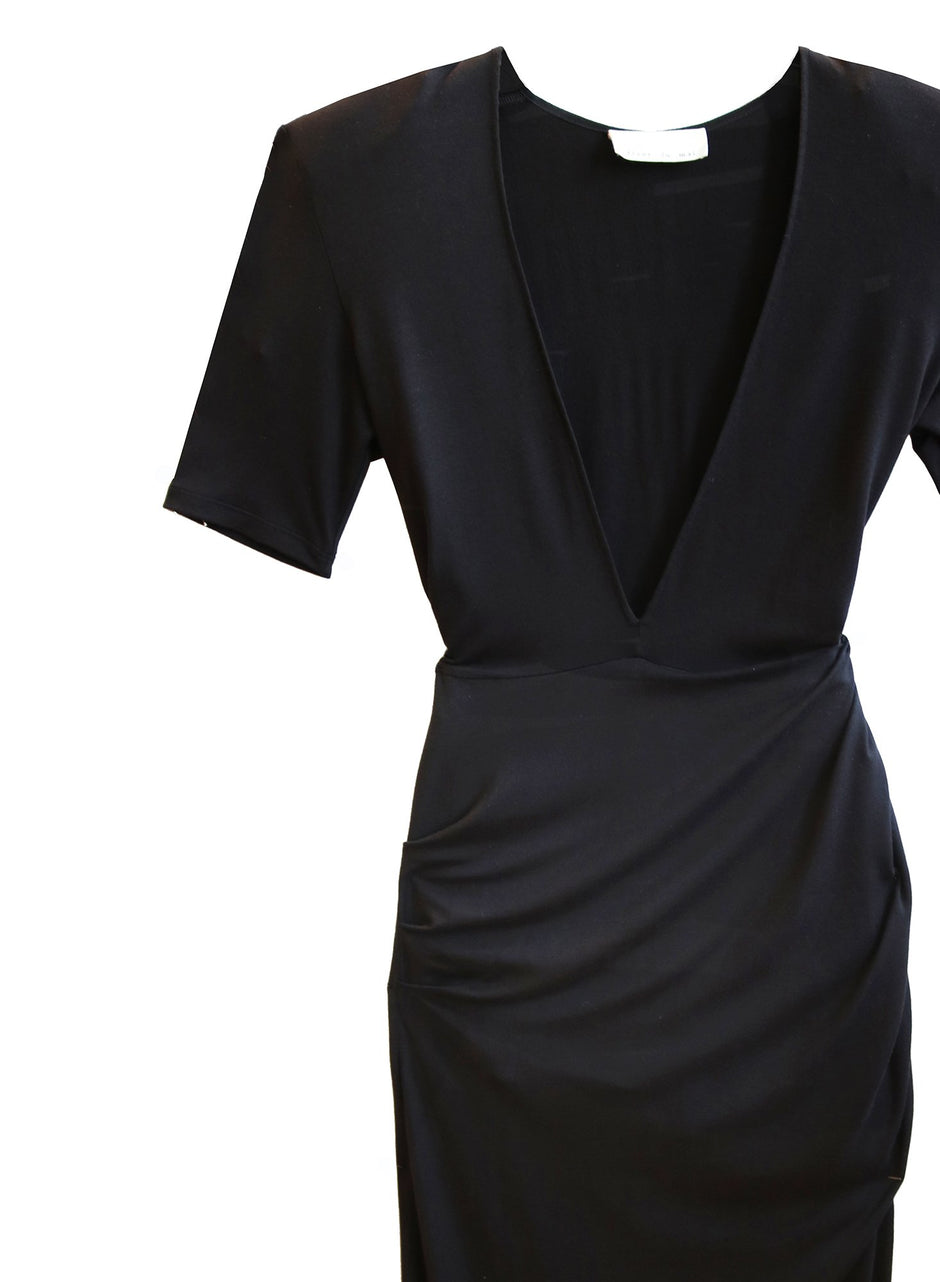Black - Deep V Jersey Draped Dress | Fleur du Mal - DEMO