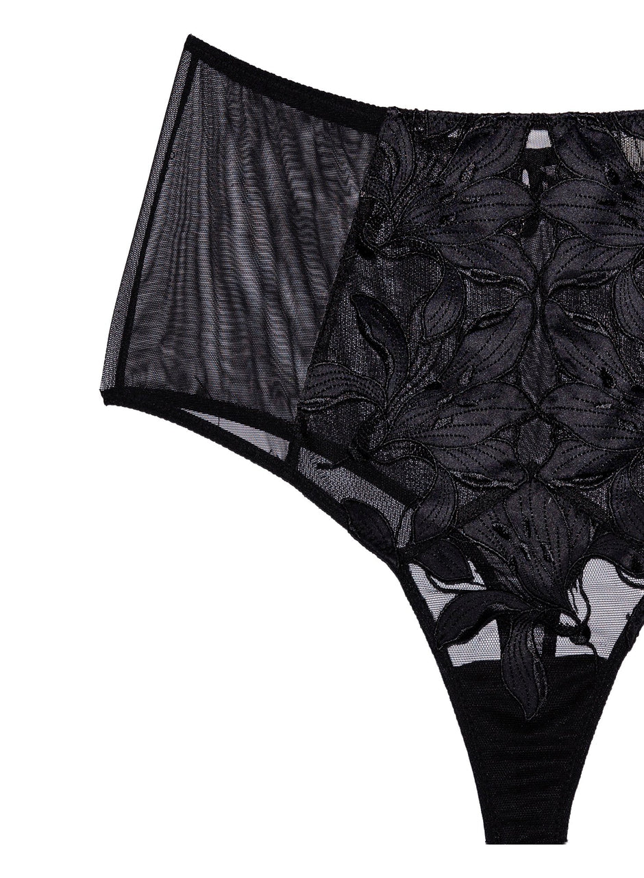 Black - Lily Embroidery High Waist Thong | Fleur du Mal - DEMO