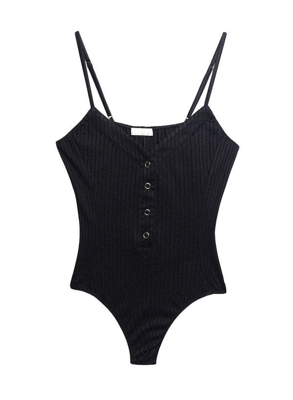Black - Ribbed Knit Snap Front Bodysuit | Fleur du Mal - DEMO