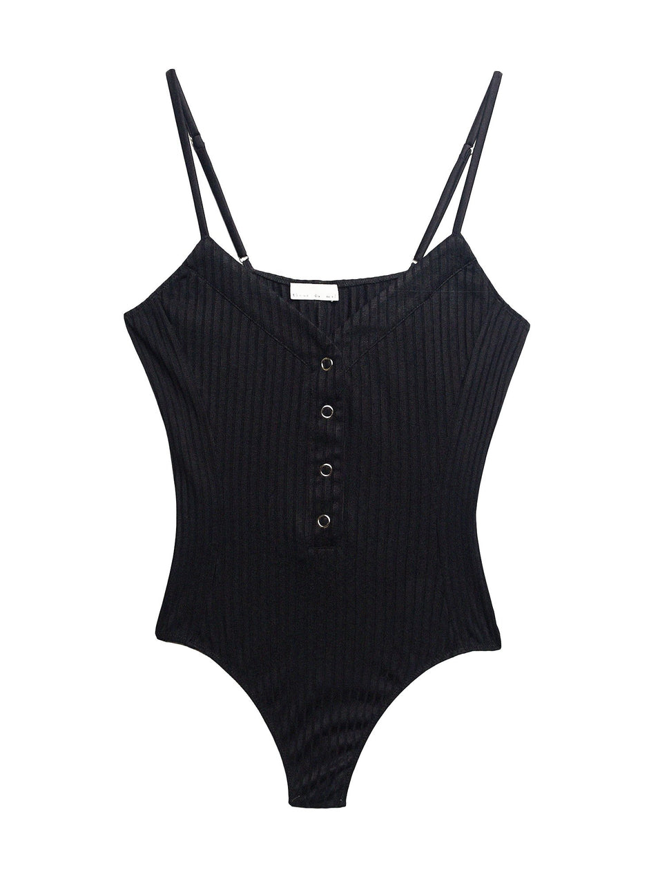 Black - Ribbed Knit Snap Front Bodysuit | Fleur du Mal - DEMO