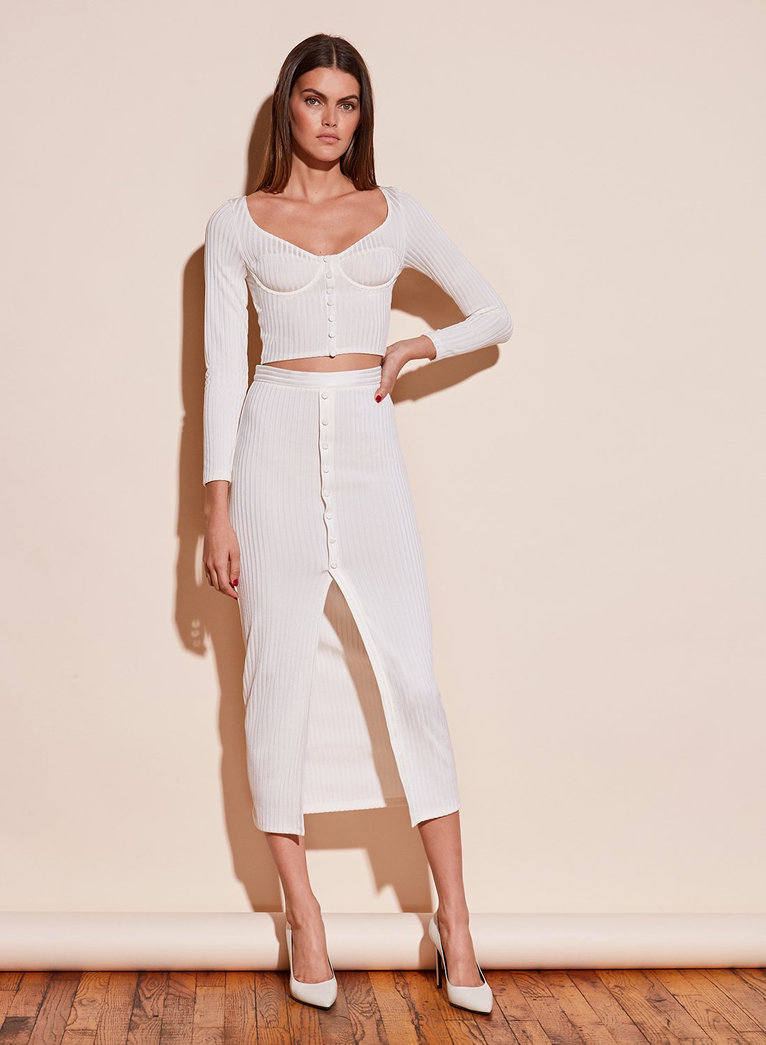 Ribbed Snap Skirt With Slit