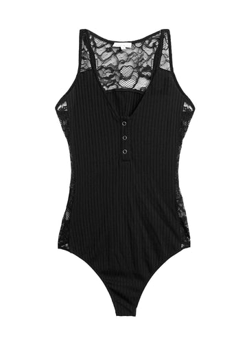 Black - Lace Insert Ribbed Bodysuit | Fleur du Mal - DEMO