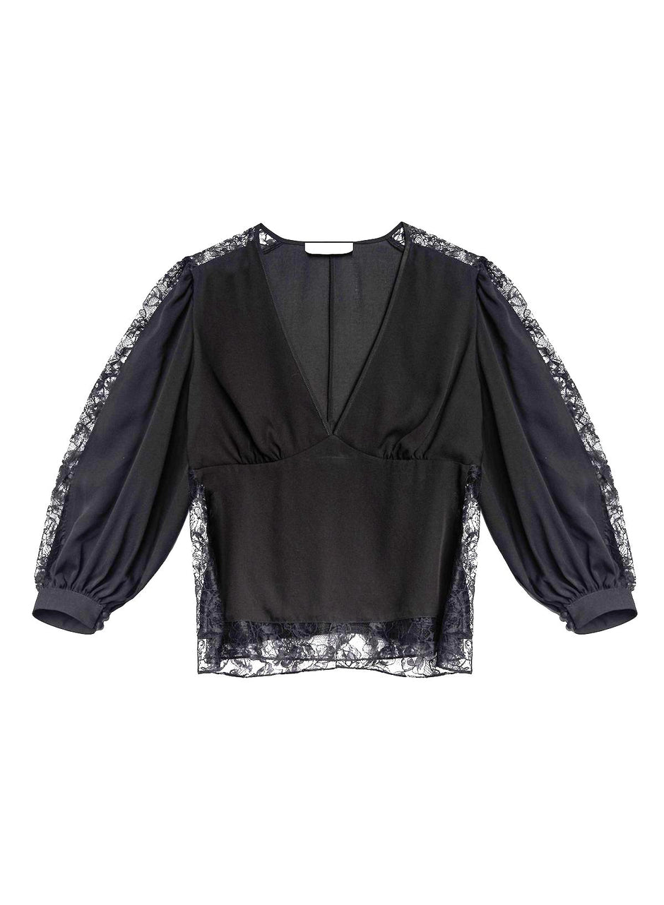 Black - Loulou Lace Insert Blouse | Fleur du Mal - DEMO