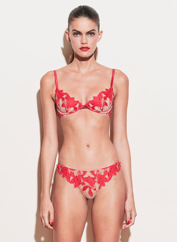 Red poppy - Lily Embroidery Plunge Demi Bra | Fleur du Mal - DEMO