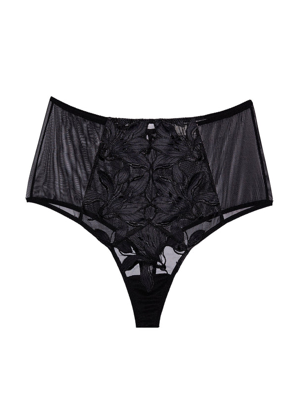 Black - Lily Embroidery High Waist Thong | Fleur du Mal - DEMO