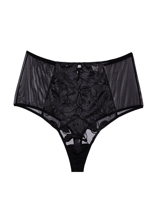 Black - Lily Embroidery High Waist Thong | Fleur du Mal - DEMO