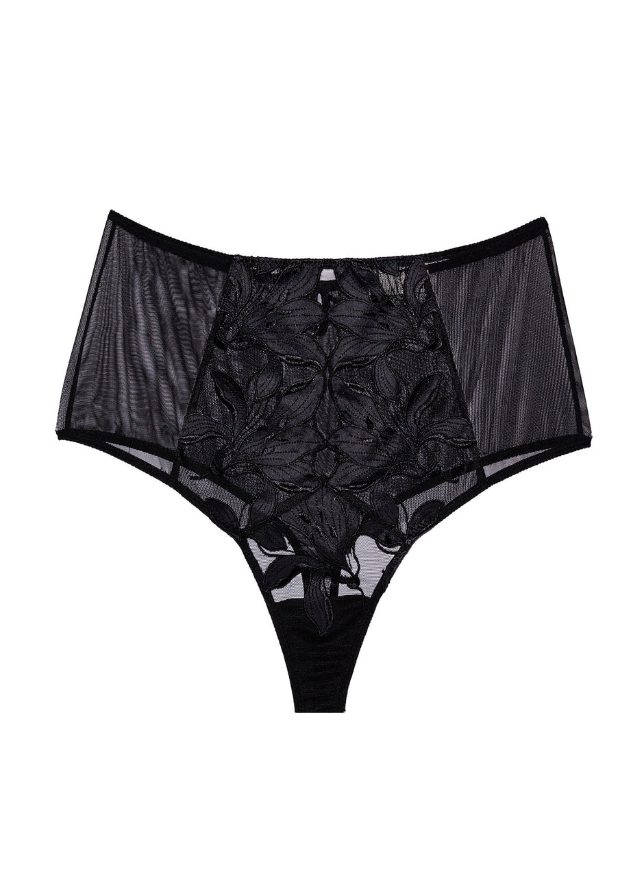 Black - Lily Embroidery High Waist Thong | Fleur du Mal - DEMO
