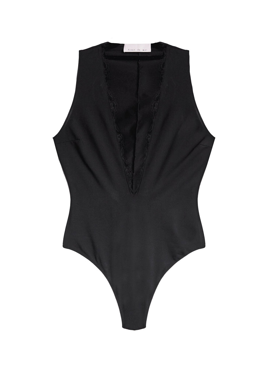 Black - Margo Lace Trim Deep V Bodysuit | Fleur du Mal - DEMO