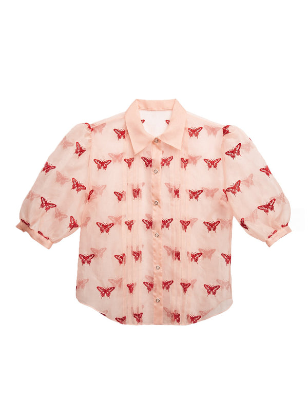 Pink opal - Butterfly Embroidered Pintuck Blouse | Fleur du Mal - DEMO