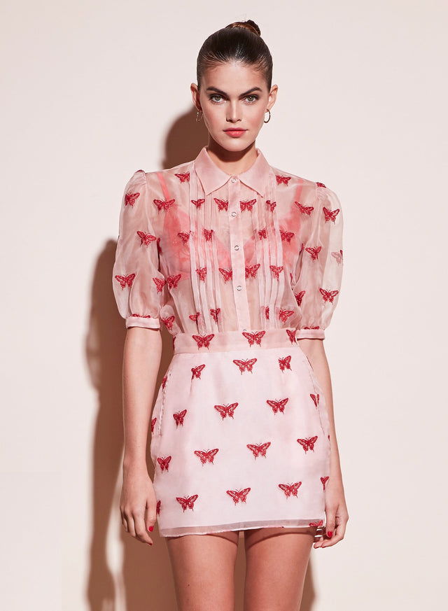 Pink opal - Butterfly Embroidered Pintuck Blouse | Fleur du Mal - DEMO