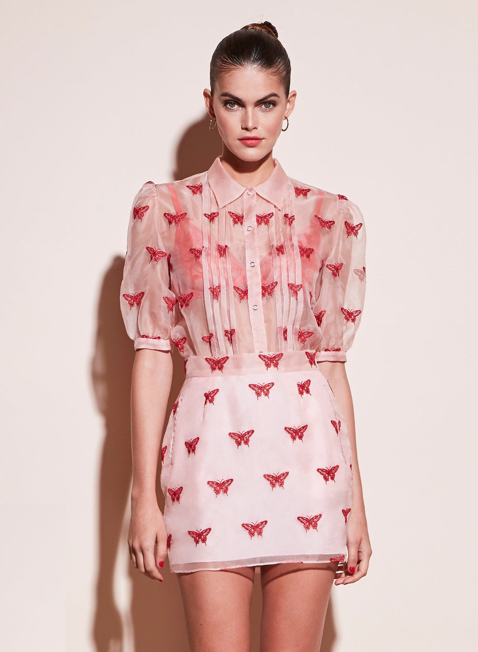 Pink opal - Butterfly Embroidered Pintuck Blouse | Fleur du Mal - DEMO