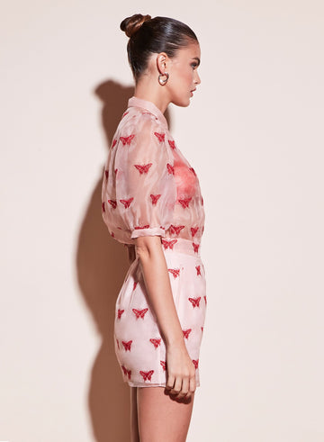 Pink opal - Butterfly Embroidered Pintuck Blouse | Fleur du Mal - DEMO