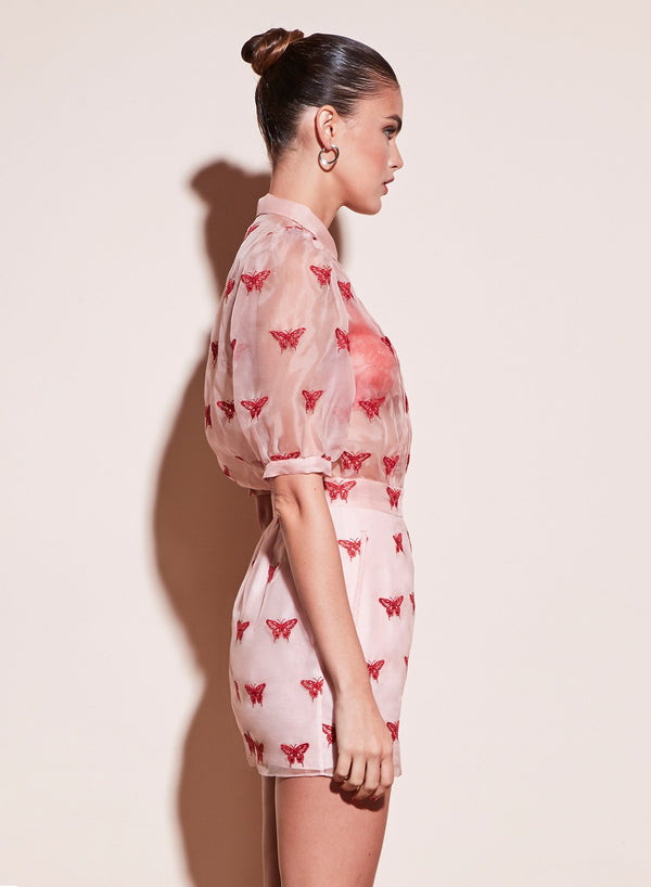 Pink opal - Butterfly Embroidered Pintuck Blouse | Fleur du Mal - DEMO