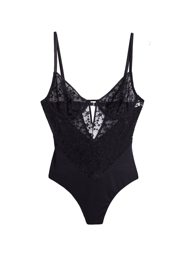 Black - Star Embroidery Bodysuit | Fleur du Mal - DEMO
