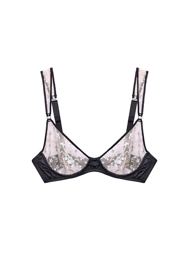 Silver/black - Star Embroidery Satin Framed Demi Bra | Fleur du Mal - DEMO