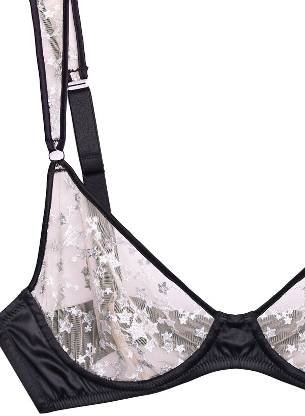 Silver/black - Star Embroidery Satin Framed Demi Bra | Fleur du Mal - DEMO