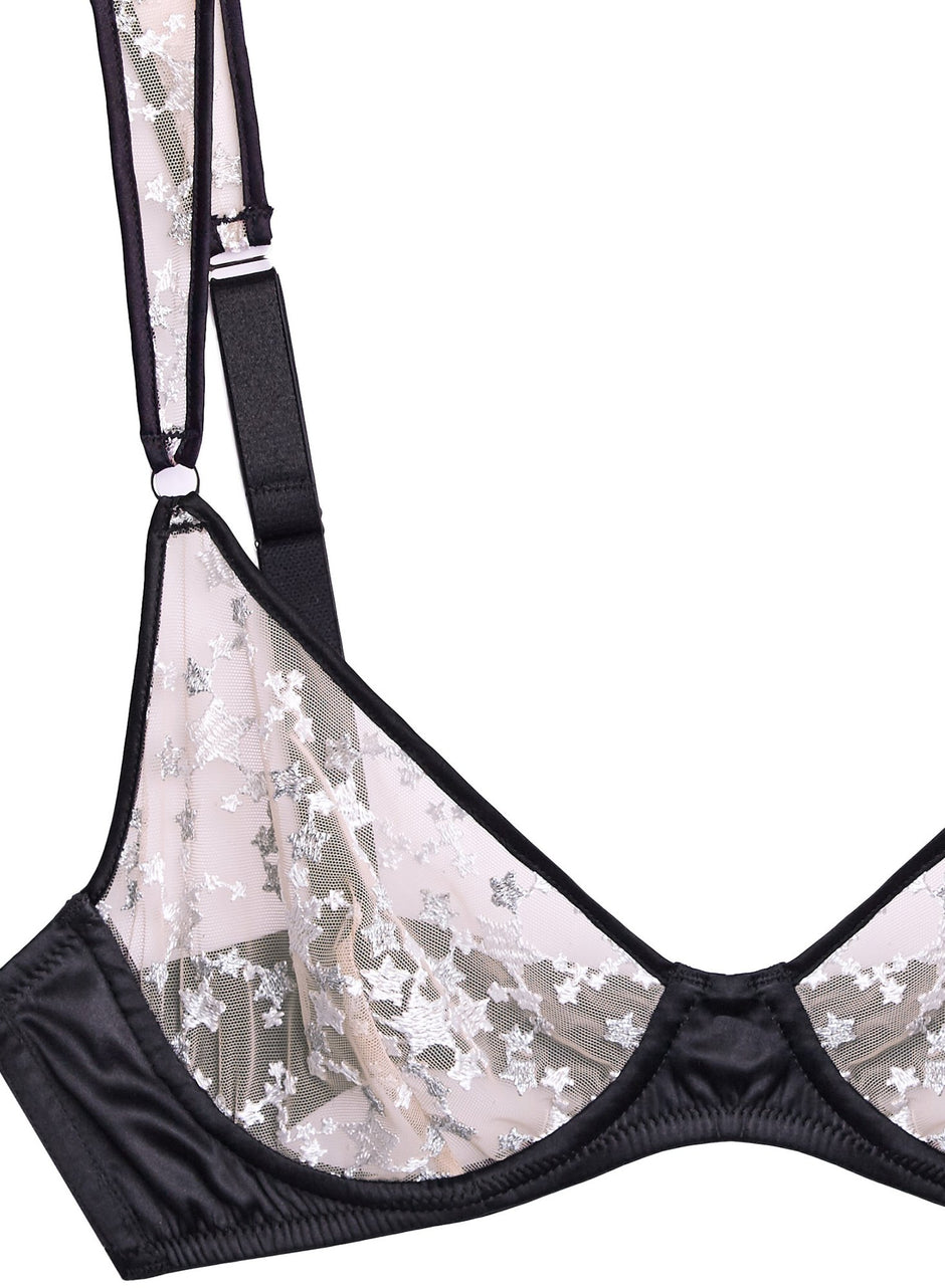 Silver/black - Star Embroidery Satin Framed Demi Bra | Fleur du Mal - DEMO