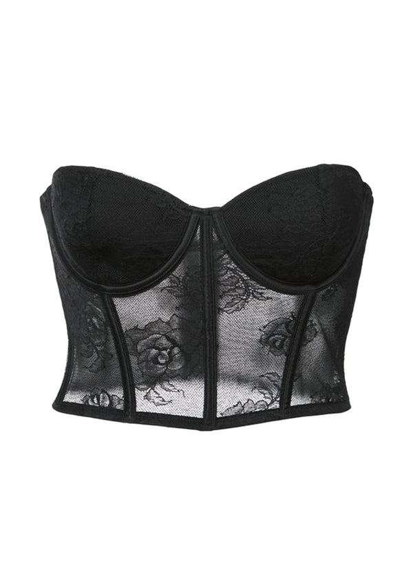 Black - Bouquet Lace Strapless Bustier Top | Fleur du Mal - DEMO