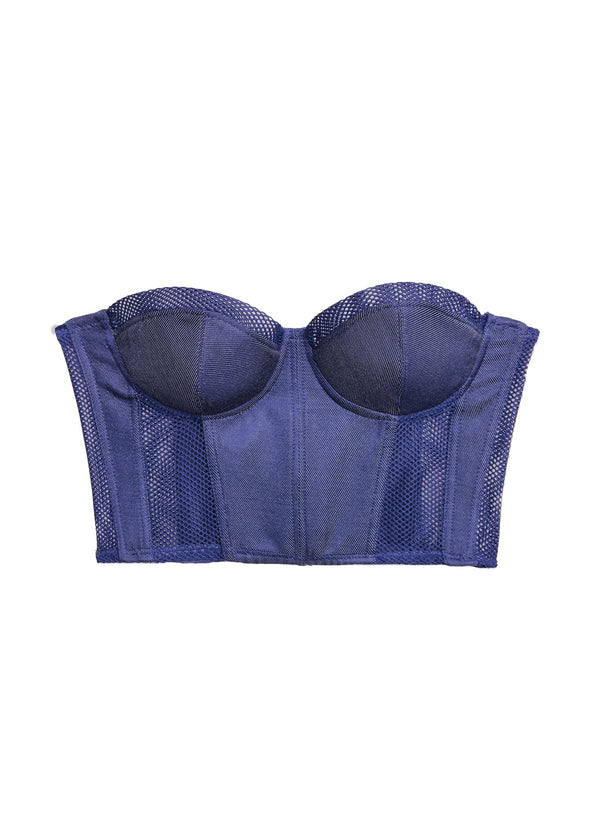 Denim - Twill &amp; Mesh Strapless Bustier Top | Fleur du Mal - DEMO