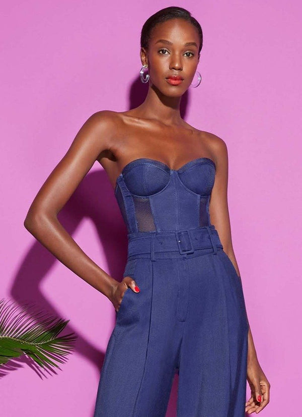 Denim - Twill &amp; Mesh Strapless Bustier Top | Fleur du Mal - DEMO