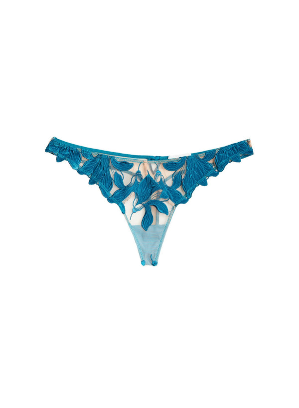 Deep teal - Velvet Lily Embroidery Thong | Fleur du Mal - DEMO
