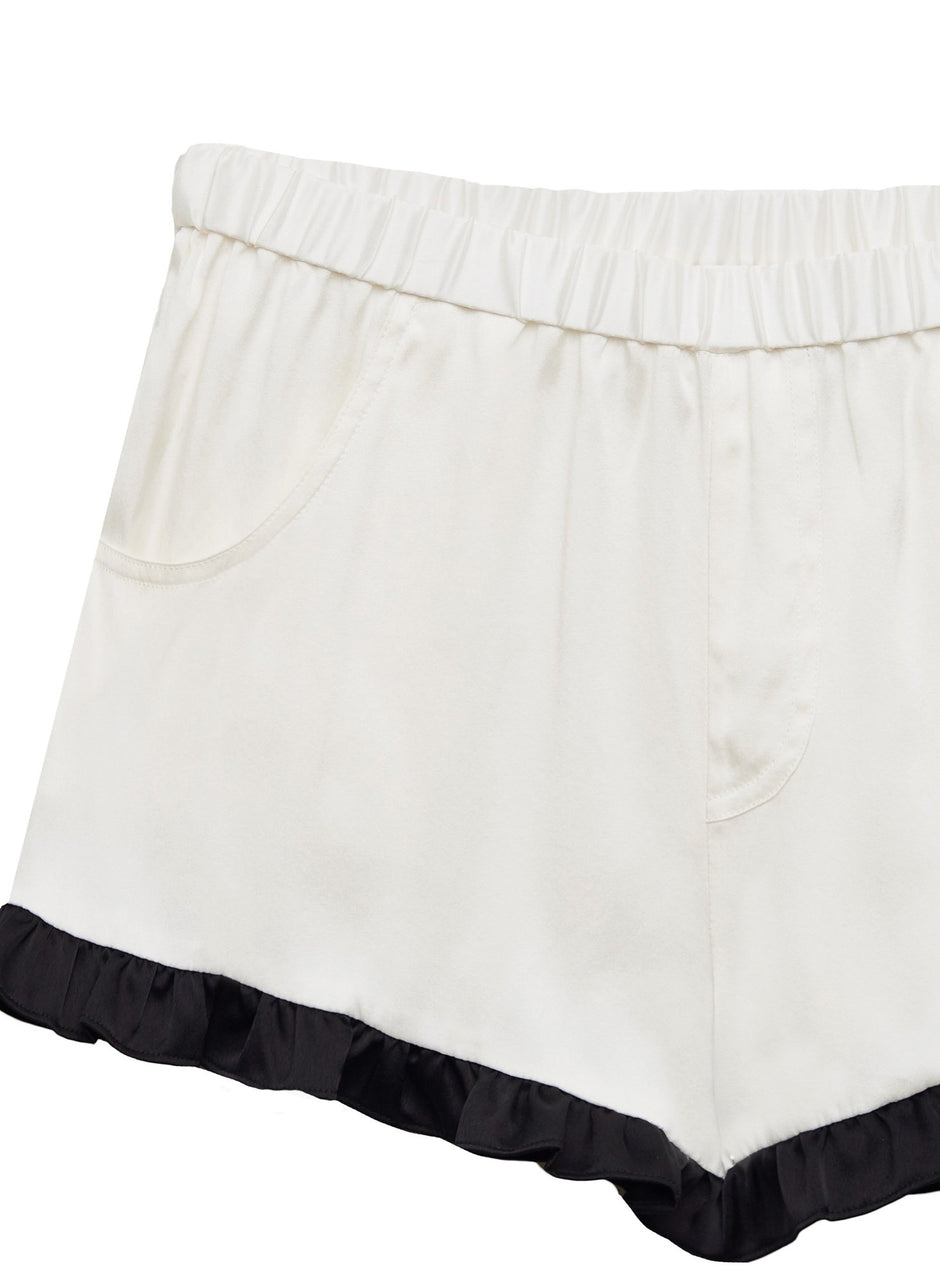 Ivory/black - Washable Silk Ruffle Shorts | Fleur du Mal - DEMO