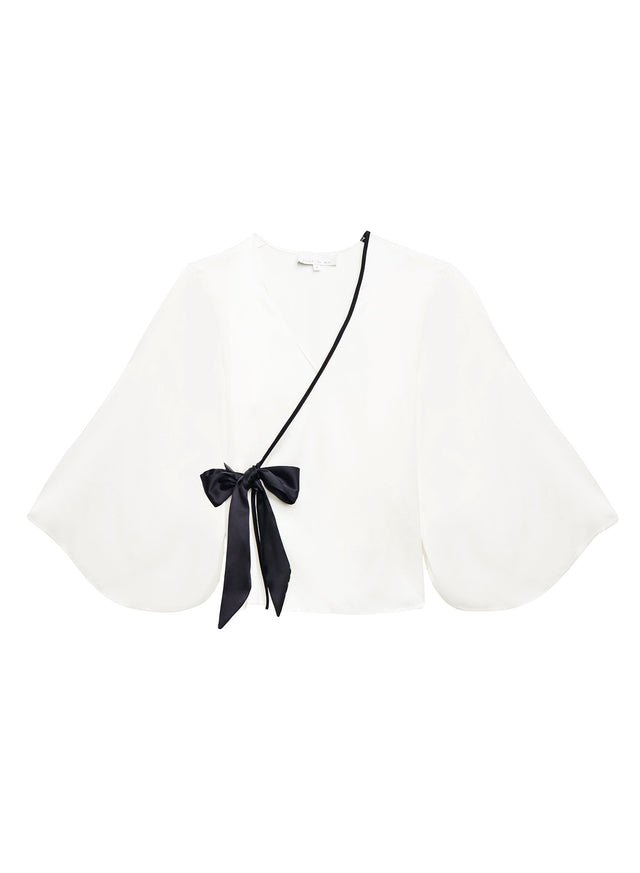 Ivory/black - Washable Silk Wrap PJ Top | Fleur du Mal - DEMO
